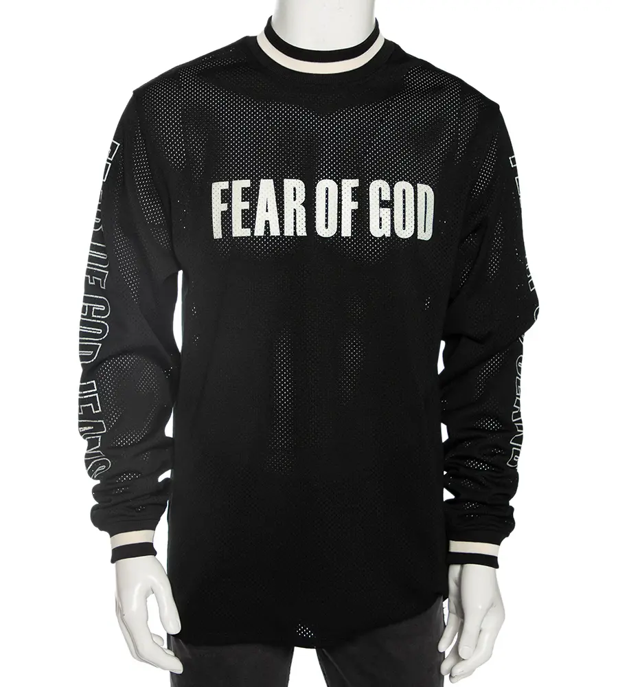 Fear of God Black Synthetic Logo Print Long Sleeved Mesh-Jersey T-Shirt S