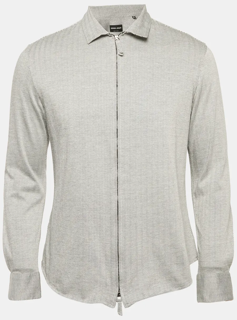 Giorgio Armani Grey Herringbone Cotton Blend Zip-Up Shirt M