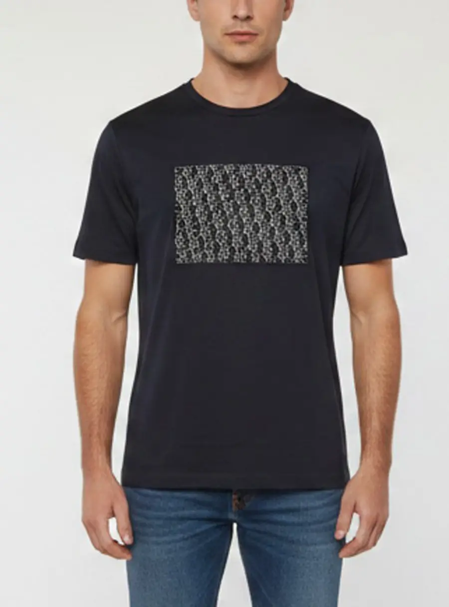 Giorgio Armani Navy Blue Monogram Applique Jersey and Silk T-Shirt XL