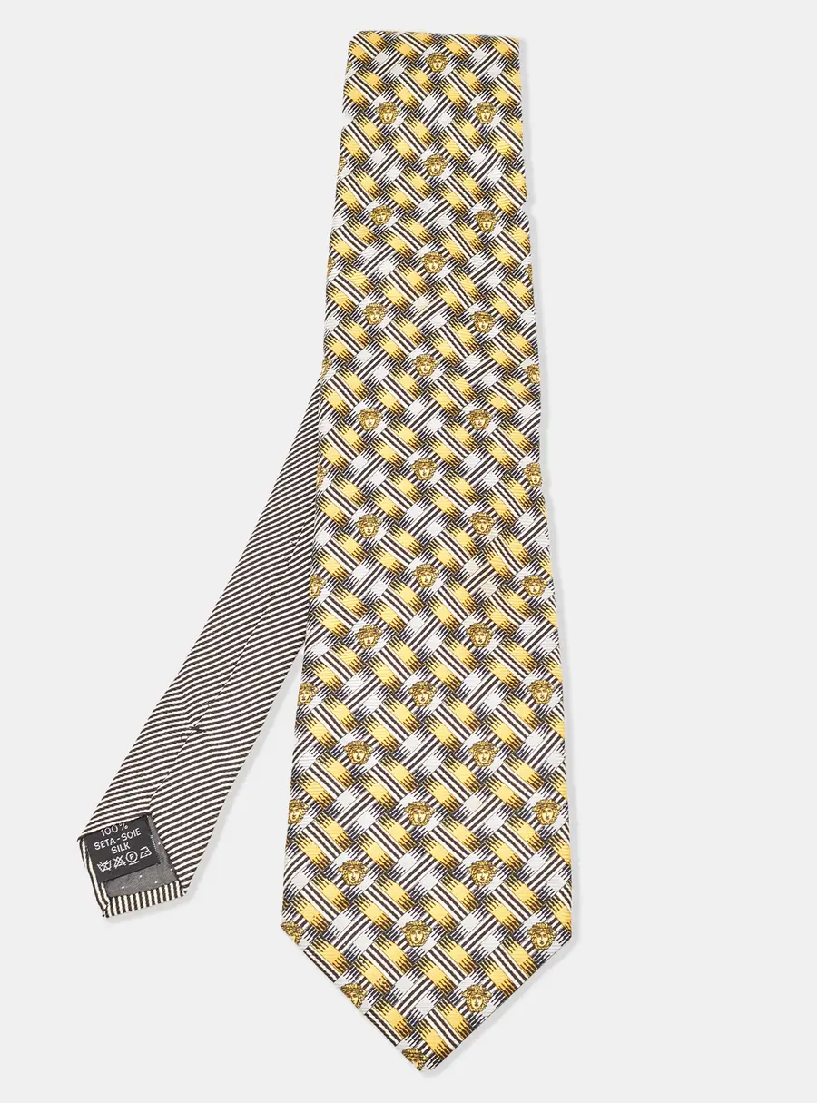 Gianni Versace Vintage Yellow Geometric Pattern Silk Jacquard Tie