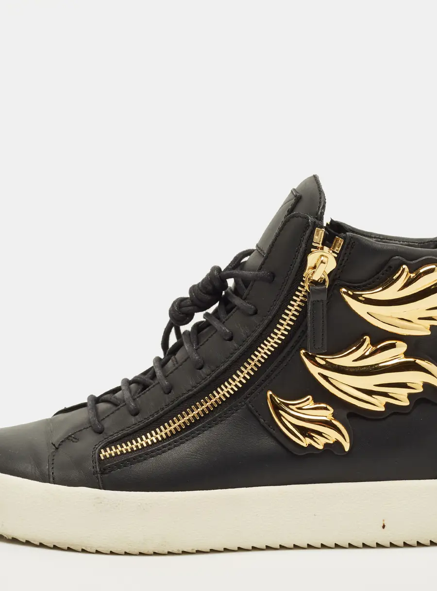 Giuseppe Zanotti Size 43.5 Black Leather Wings Double Side Zip High Top Sneakers