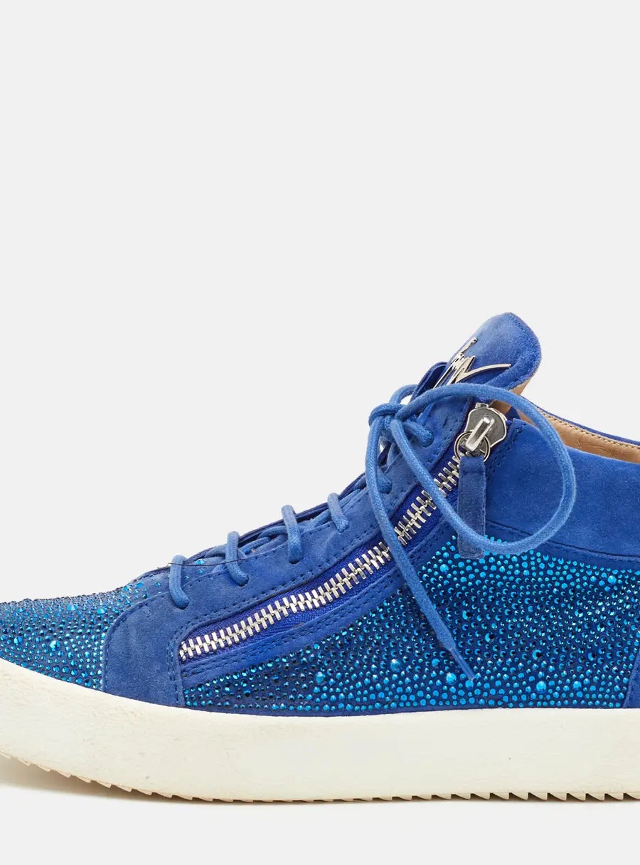 Giuseppe Zanotti Kriss Size 42 Blue Suede Crystal Embellished Lace Up Sneakers