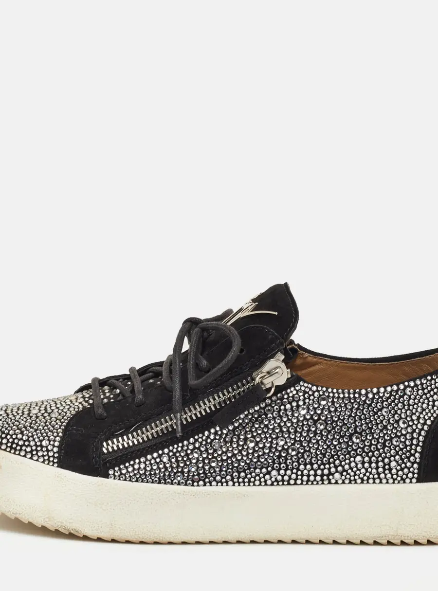 Giuseppe Zanotti Frankie Size 44 Black Suede Crystal Embellished Low Top Sneakers