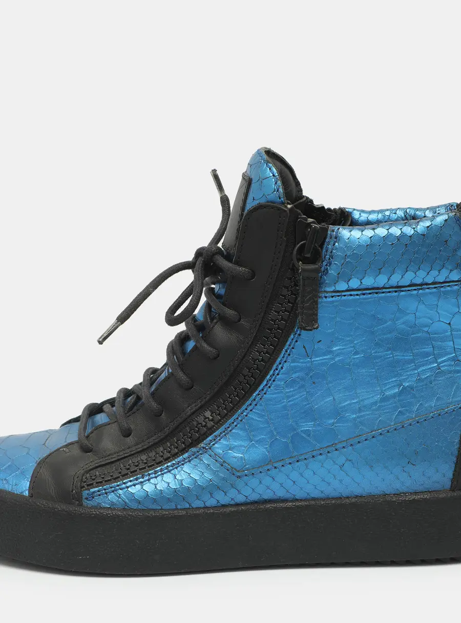 Giuseppe Zanotti Size 41.5 Metallic Blue/Black Python Embossed Leather High Top Sneakers