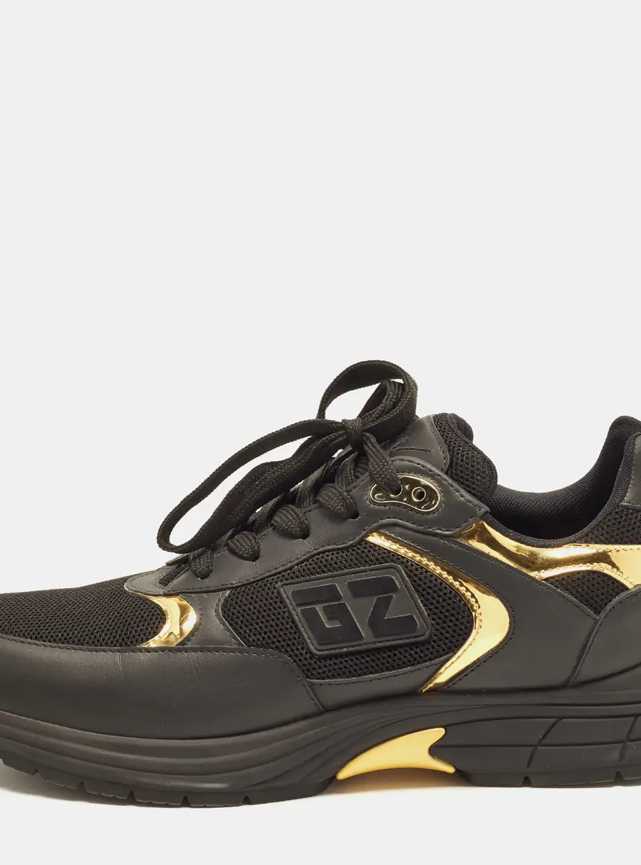 Giuseppe Zanotti GZ Runner Size 43 Black/Gold Leather and Mesh Lace Up Sneakers