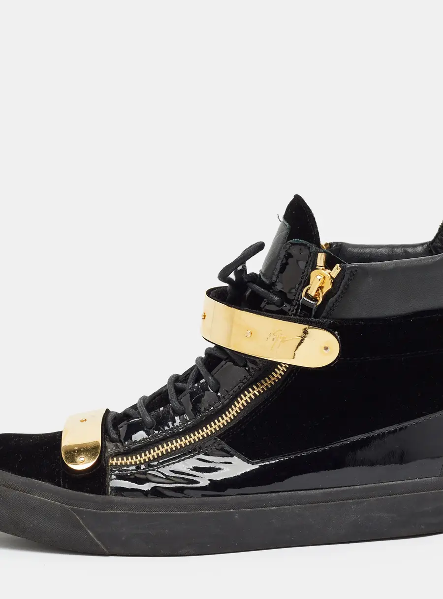 Giuseppe Zanotti Coby Size 37 Black Patent Leather and Velvet High Top Sneakers