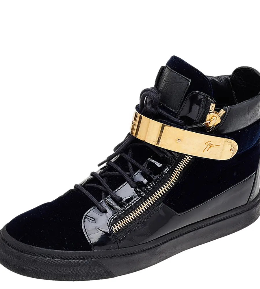 Giuseppe Zanotti Navy Blue/Black Velvet and Leather Coby High Top Sneakers Size 43
