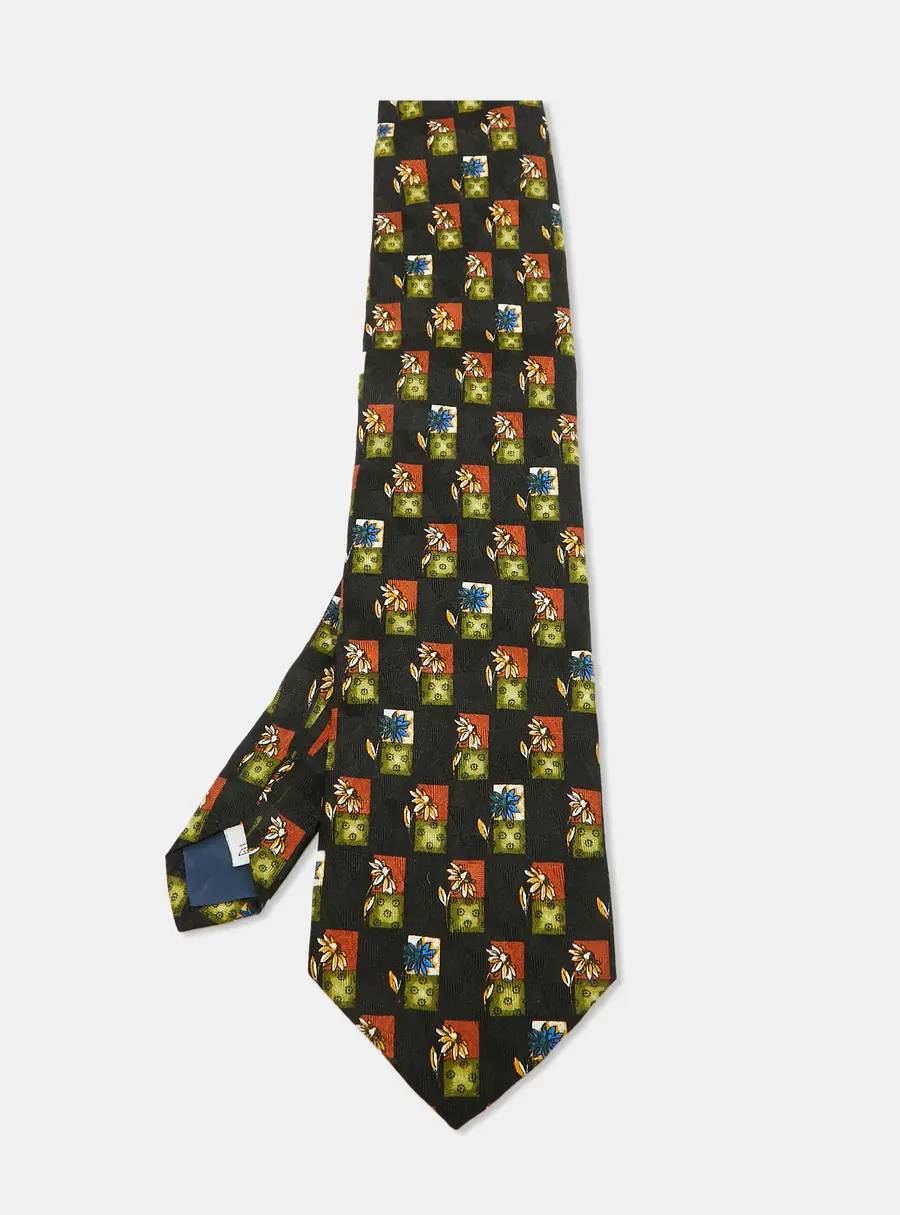 Givenchy Black Geometric Floral Print Silk Traditional Tie