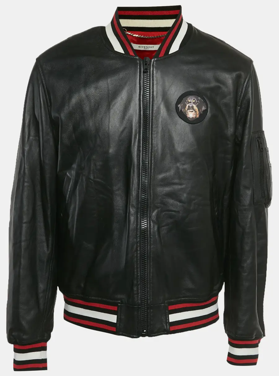 Givenchy Black Leather Rottweiler Patch Bomber Jacket 3XL