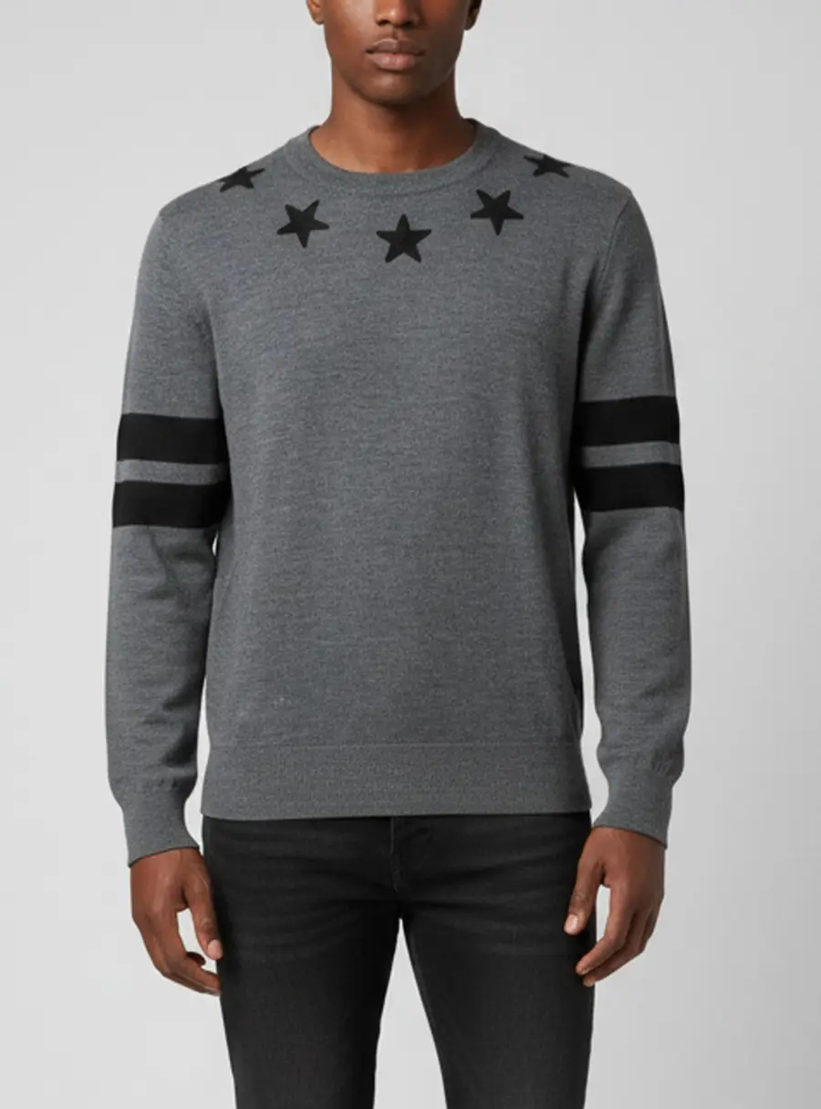 Givenchy Grey Striped Star Applique Wool Knit Sweater XL