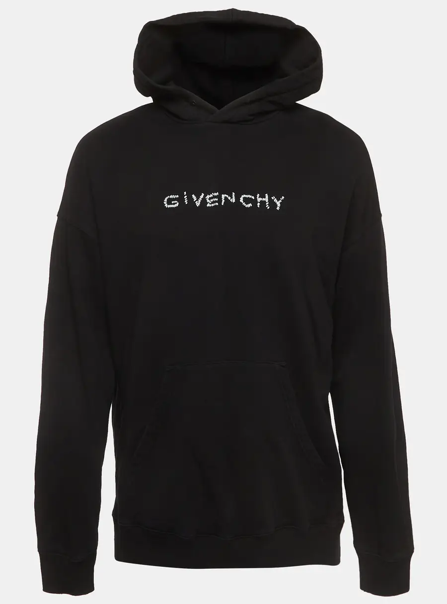 Givenchy Black Logo Embroidered Distressed Cotton Knit Hoodie XL