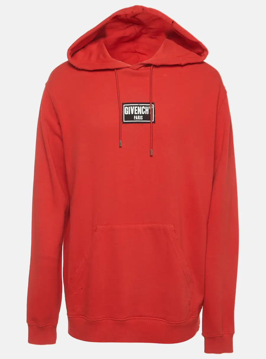 Givenchy Red Logo Patch Distressed Cotton Knit Hoodie XXL