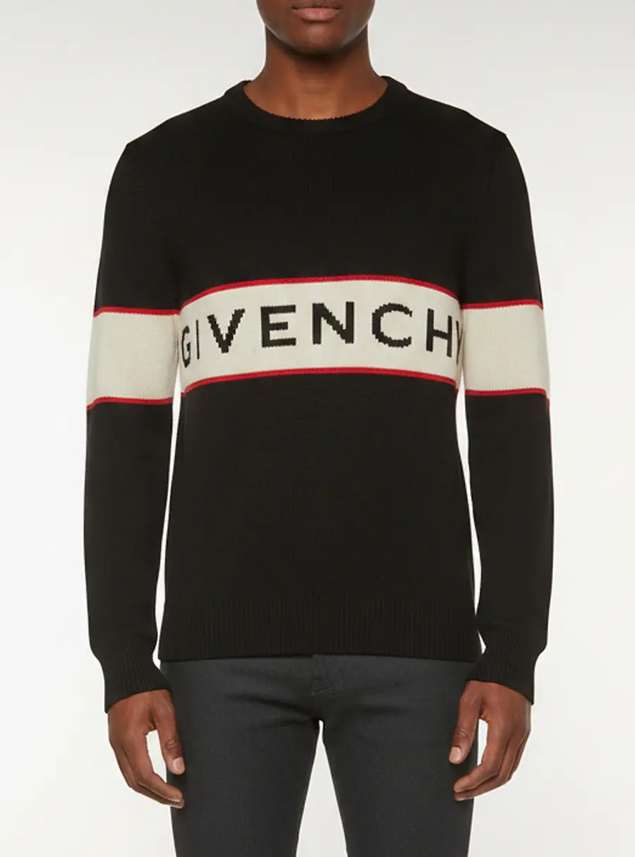 Givenchy Black Striped Logo Intarsia Wool Knit Sweater M