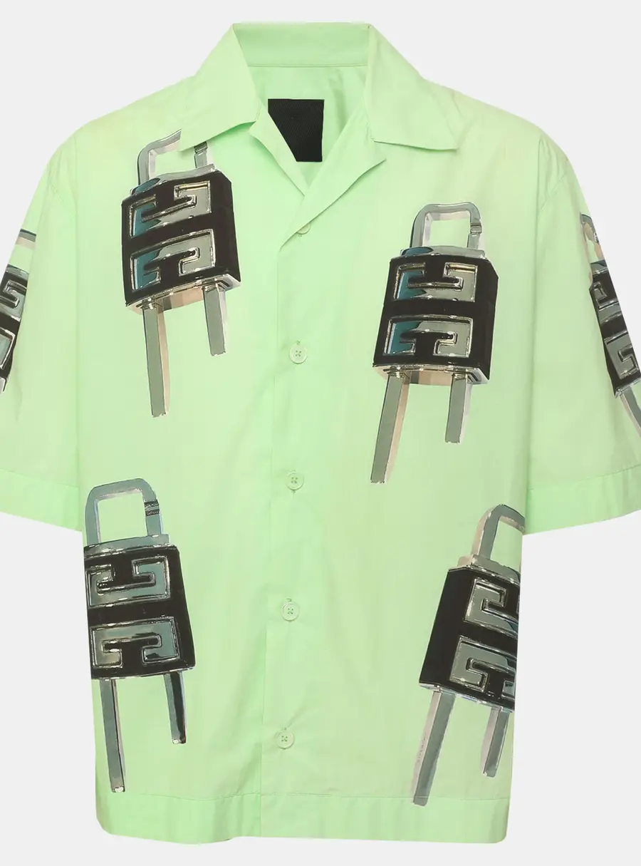 Givenchy Green 4G Lock Graphic Poplin Hawaiian Short Sleeve Boxy Fit Shirt M