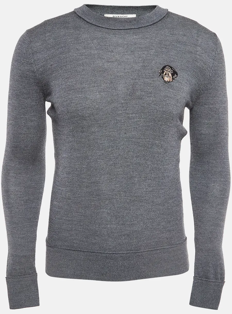 Givenchy Grey Embroidered Wool Knit Sweatshirt XS