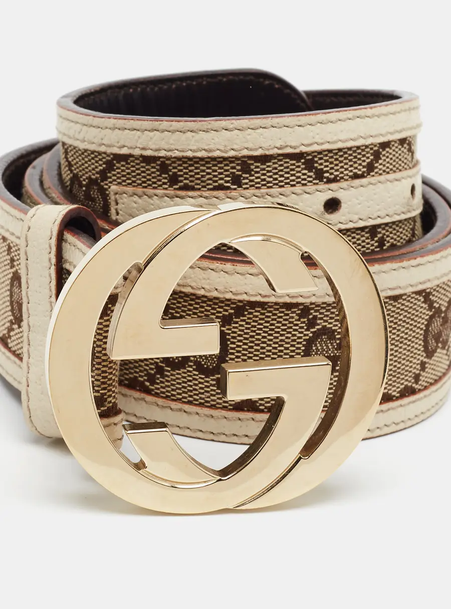 Gucci Interlocking G 85 CM Buckle Belt Beige/White GG Canvas and Leather