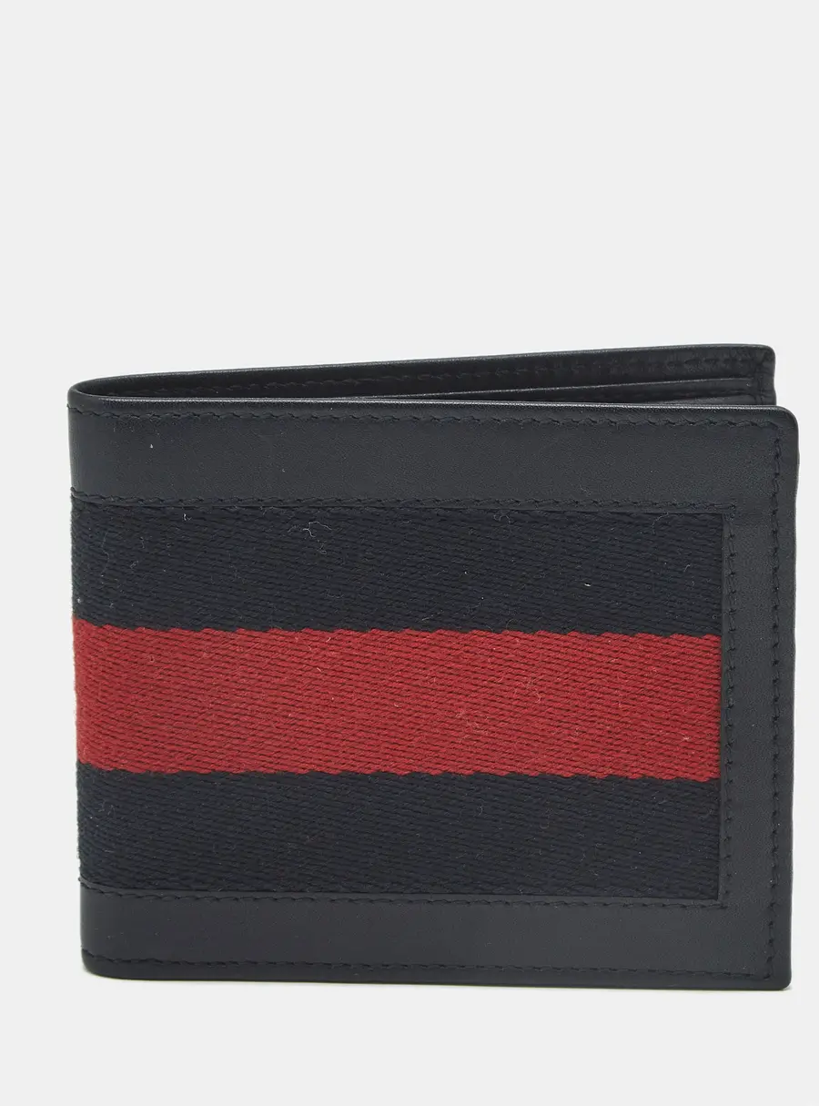 Gucci Web Navy Blue Canvas and Leather Bifold Wallet