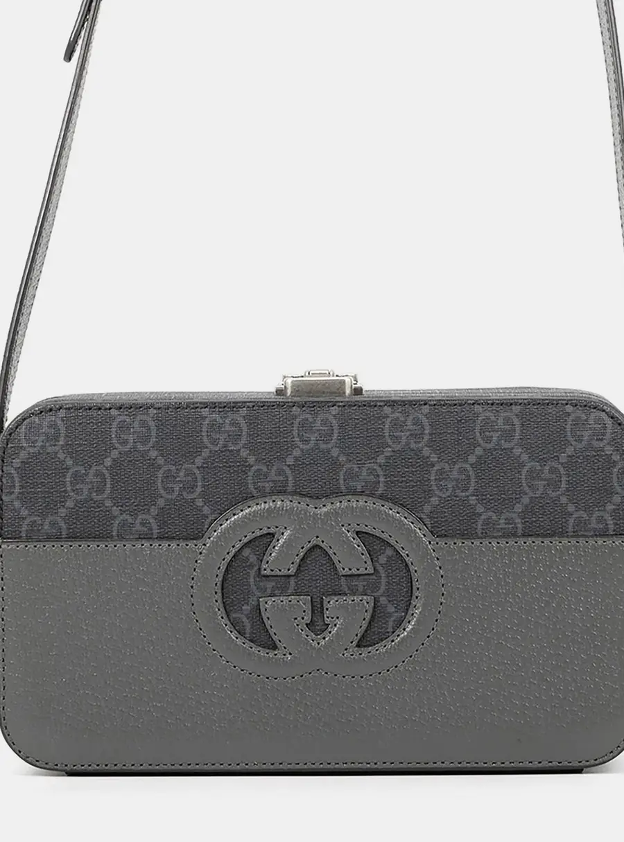 Gucci Cutout Interlocking G Shoulder Bag Gray/Black Gg Supreme Leather