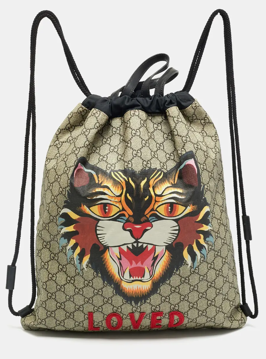 Gucci Angry Cat Beige/Black GG Supreme Canvas and Fabric Drawstring Backpacks