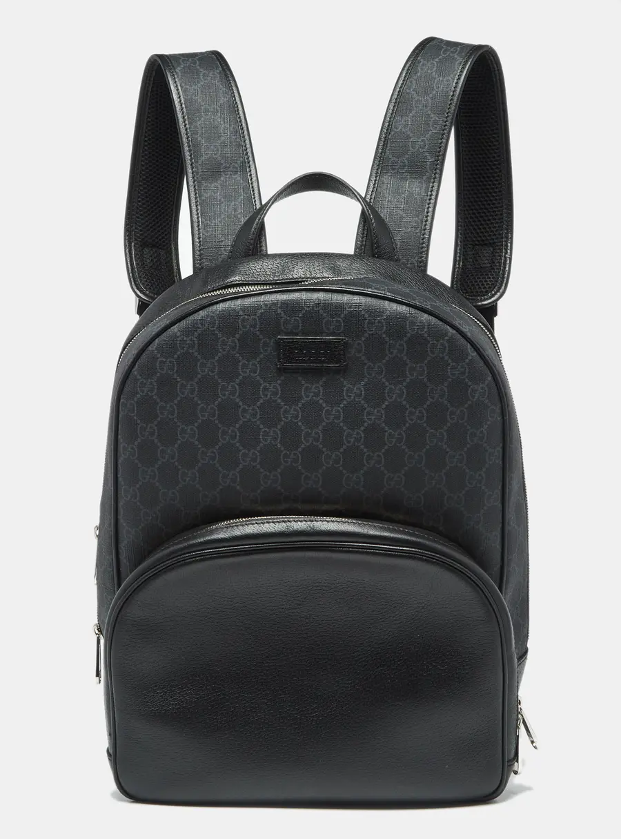 Gucci Medium Black GG Supreme Canvas and Leather Backpack