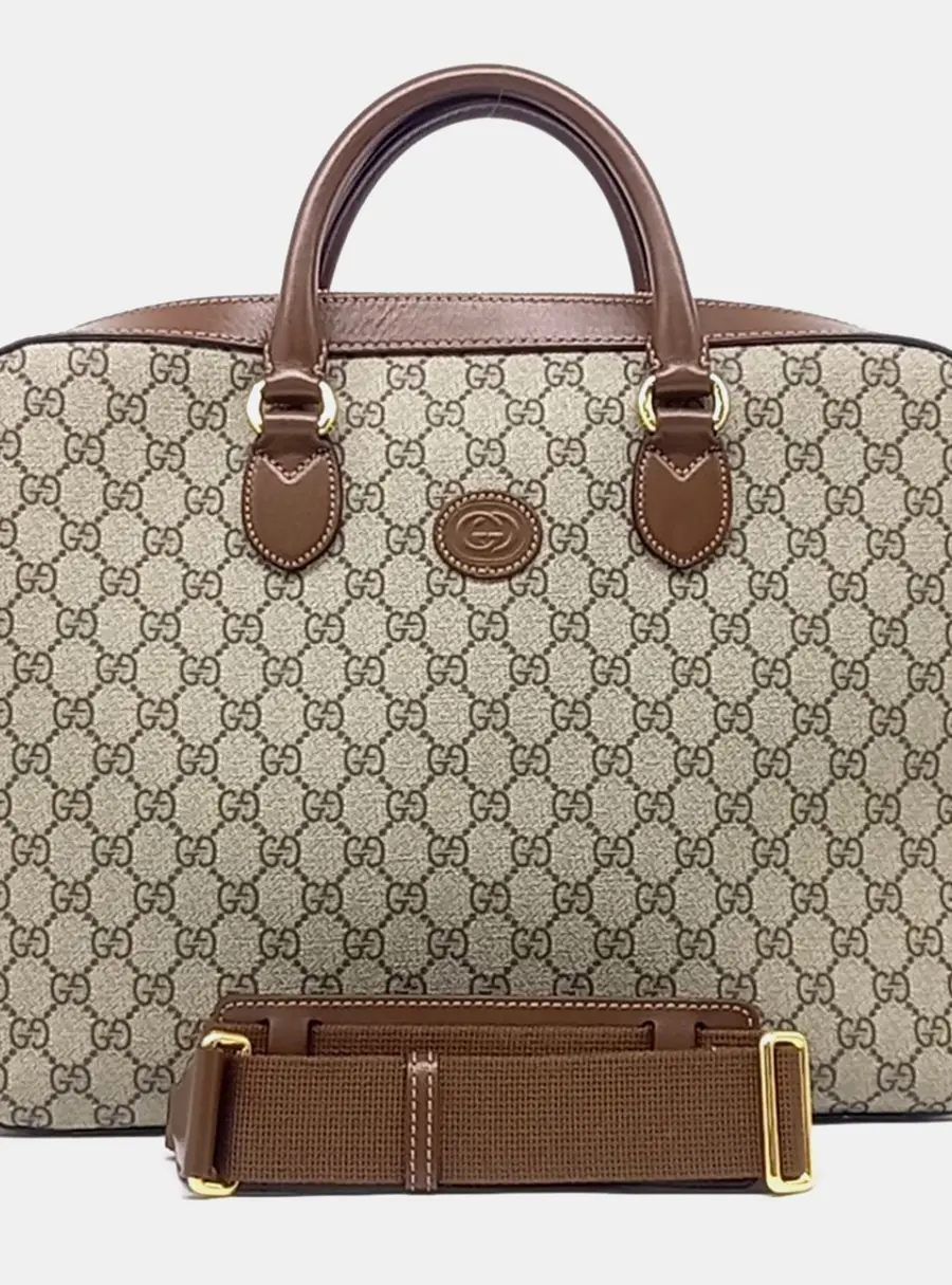 Gucci Interlocking G Medium Beige Coated Canvas Briefcase Bag