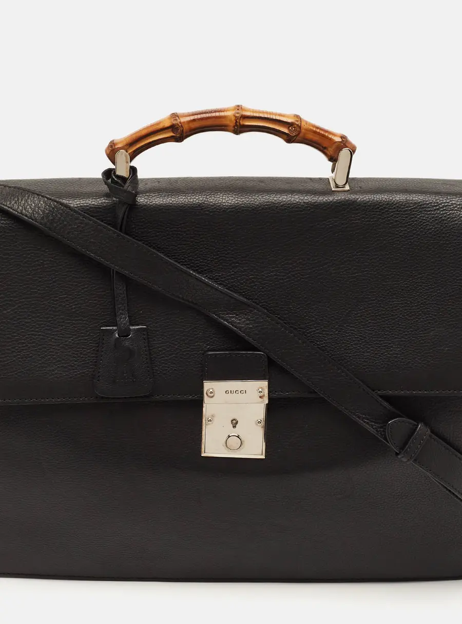 Gucci Bamboo Handle Black Leather Briefcase Bag