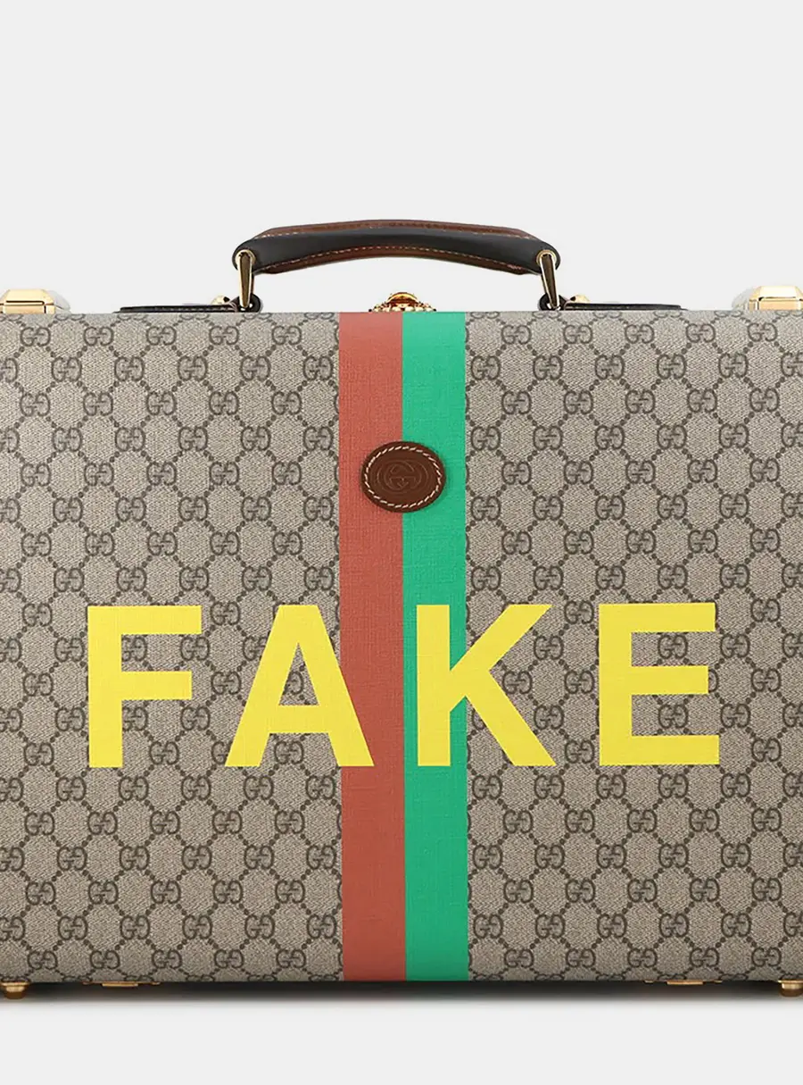 Gucci Fake Not Print Suitcase Medium Beige Brown GG Supreme Canvas Leather Top Handle Bag