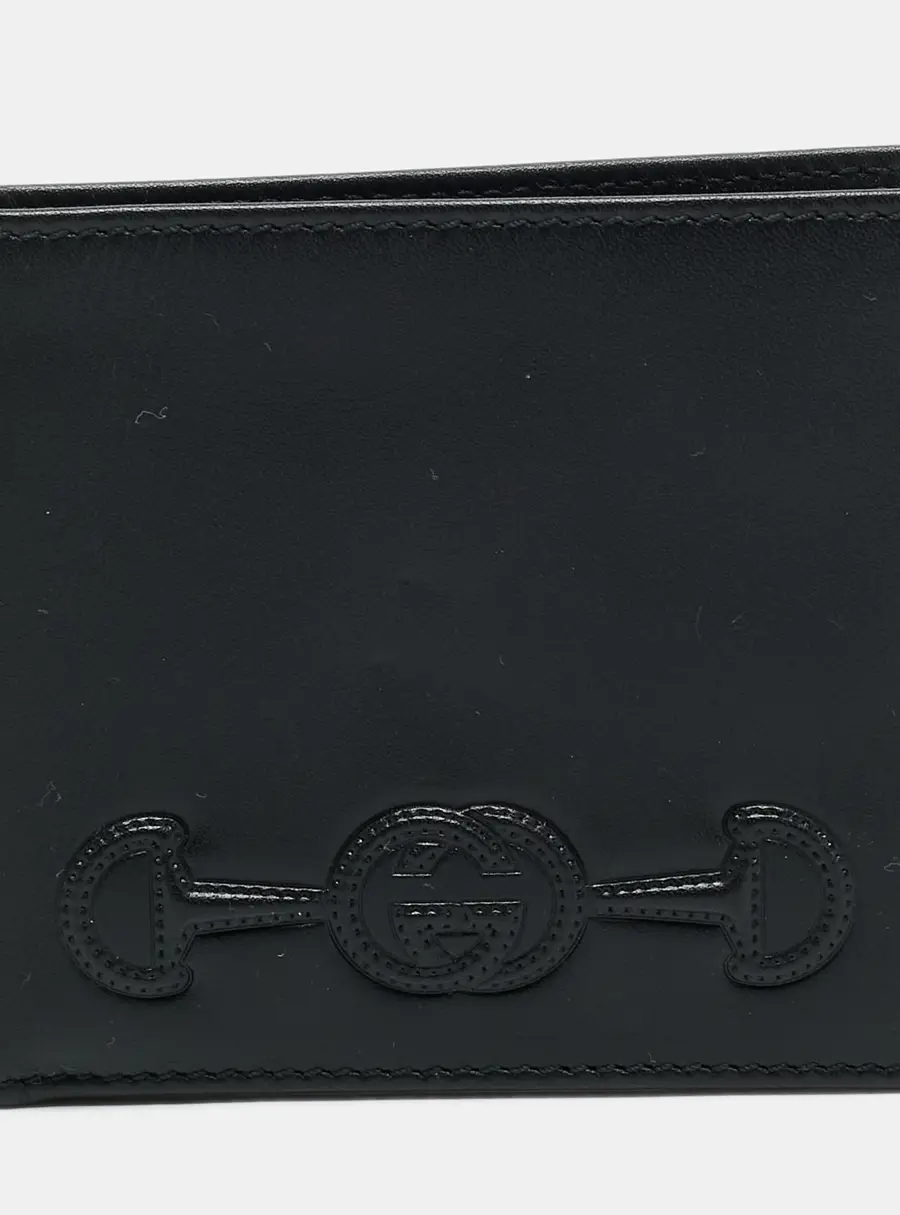 Gucci Interlocking G Horsebit Embossed Black Leather Bifold Wallet