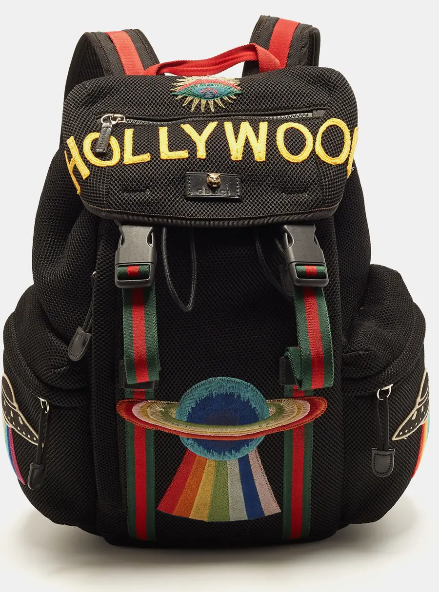 Gucci Hollywood Embroidered Black Mesh Fabric Backpack