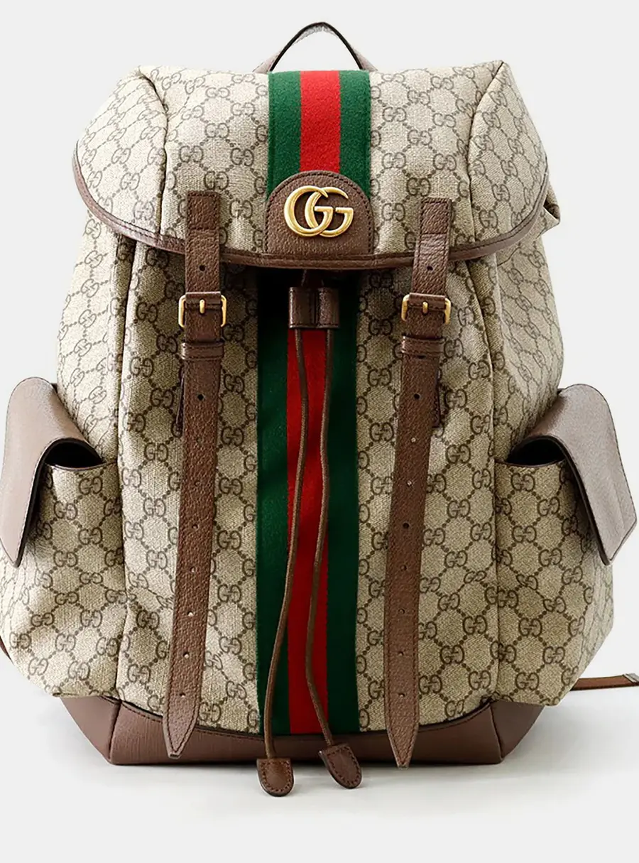 Gucci Ophidia Medium Beige/Ebony Monogram Canvas Brown Leather Backpack Bag