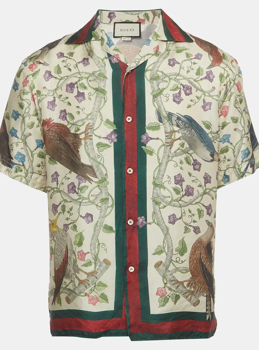 Gucci Cream Birds of Prey Print Silk Bowling Shirt S