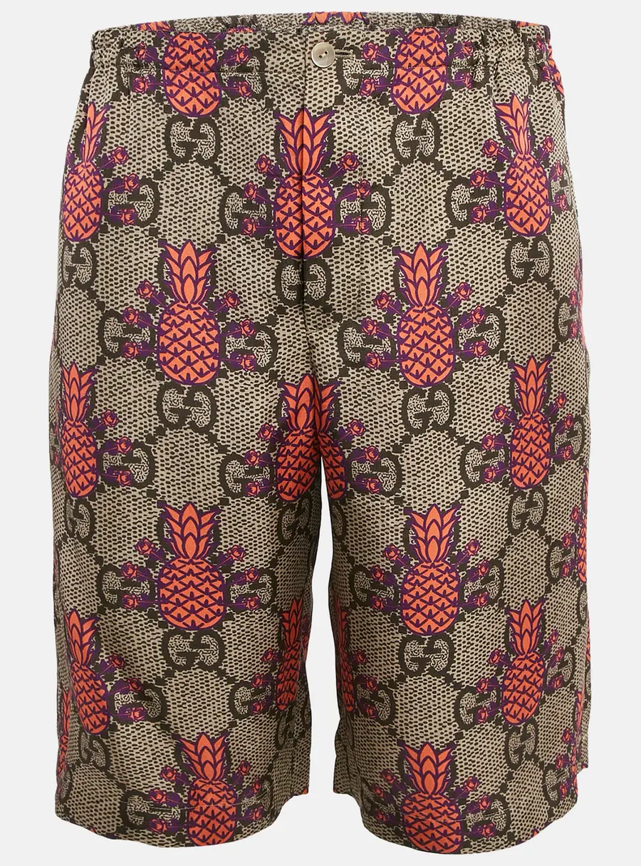 Gucci Brown/Pink Pineapple GG Print Silk Shorts M
