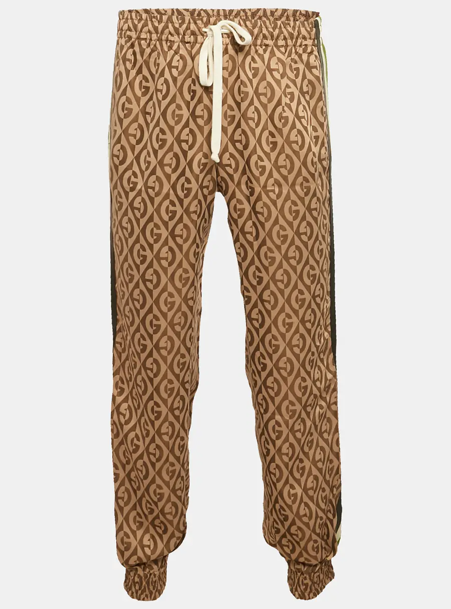 Gucci Brown Leather Trim Jacquard Track Pants M