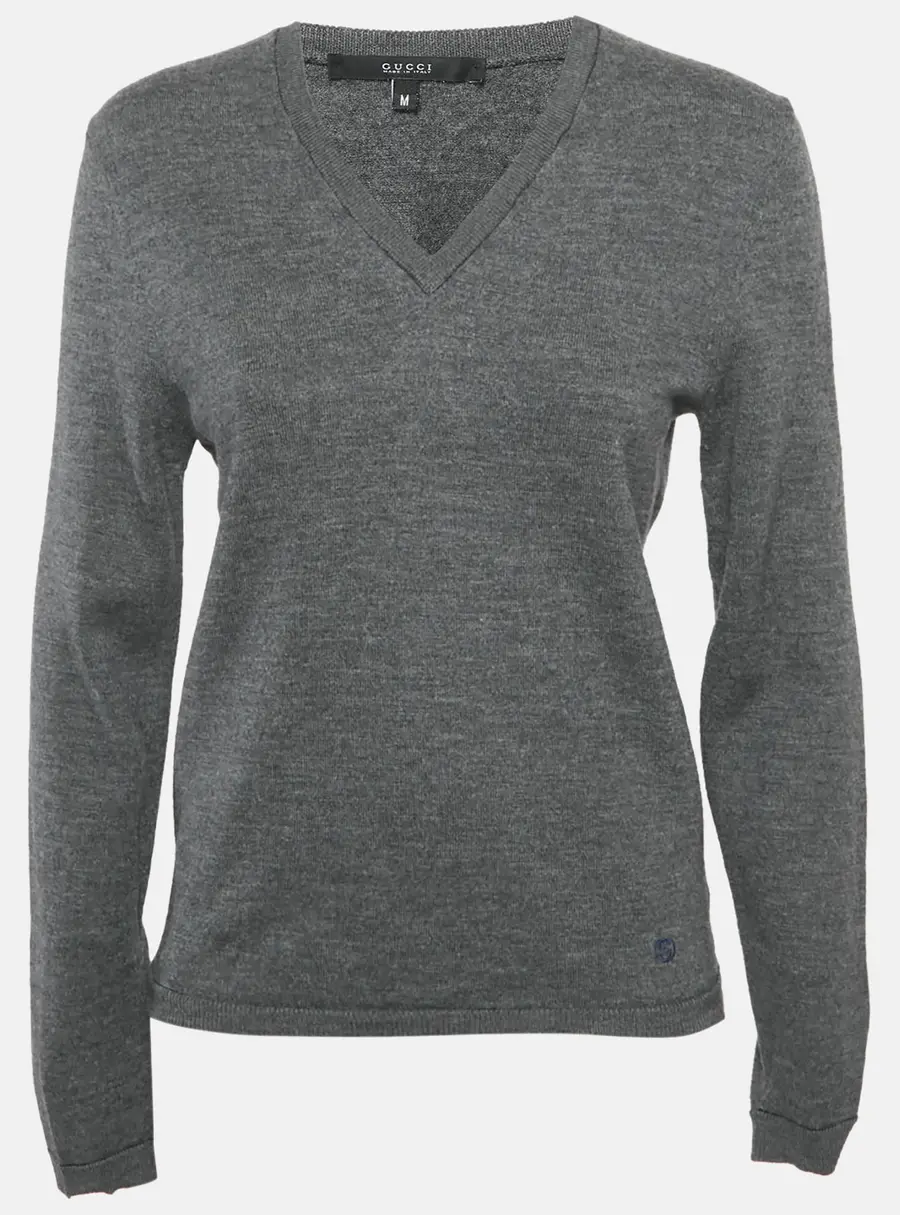 Gucci Grey Wool V-Neck Long Sleeve Sweater M