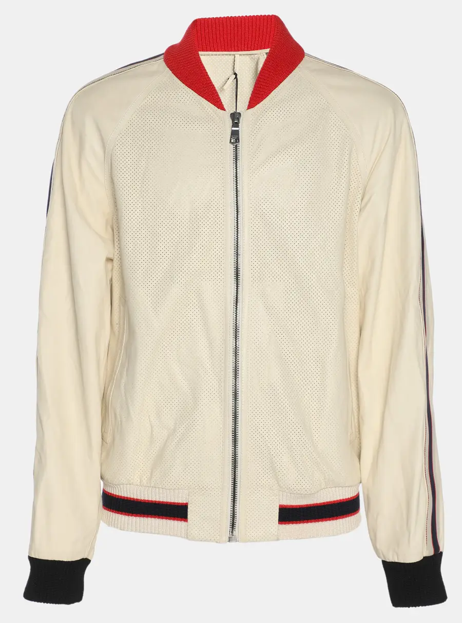 Gucci Cream Perforated Leather Logo Print Bomber jacket XL