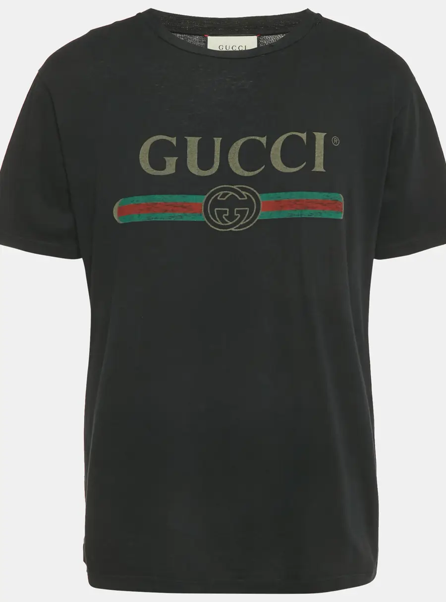 Gucci Black Logo Print Distressed Cotton Crew Neck T-Shirt S