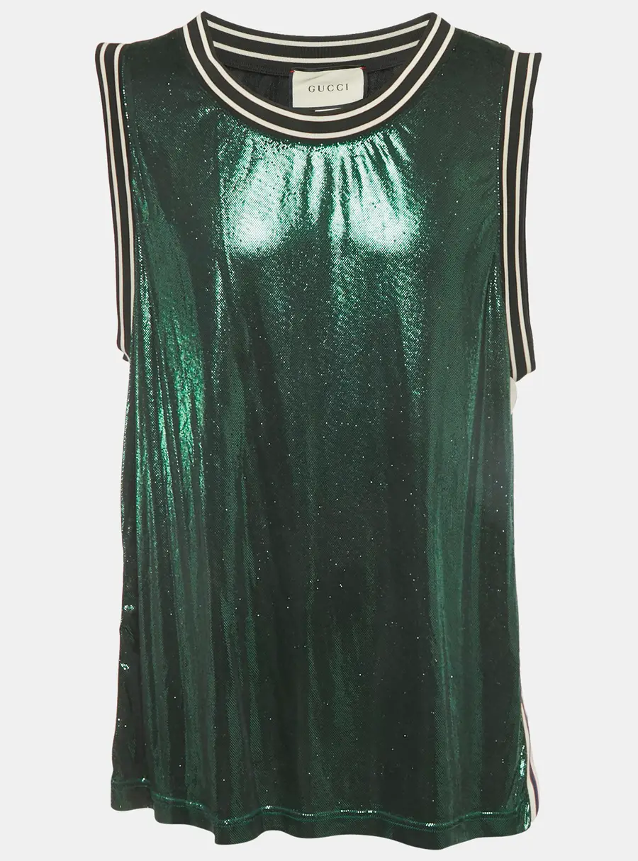 Gucci Green Metallic Glossy Jersey Sleeveless T-Shirt XXL