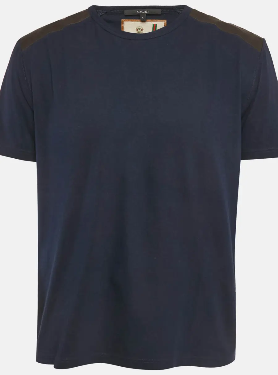 Gucci Blue Leather Shoulder Trim Jersey T-Shirt L