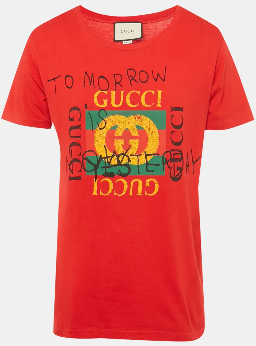 Gucci Red Jersey Tomorrow Is Now Yesterday Print T-Shirt S