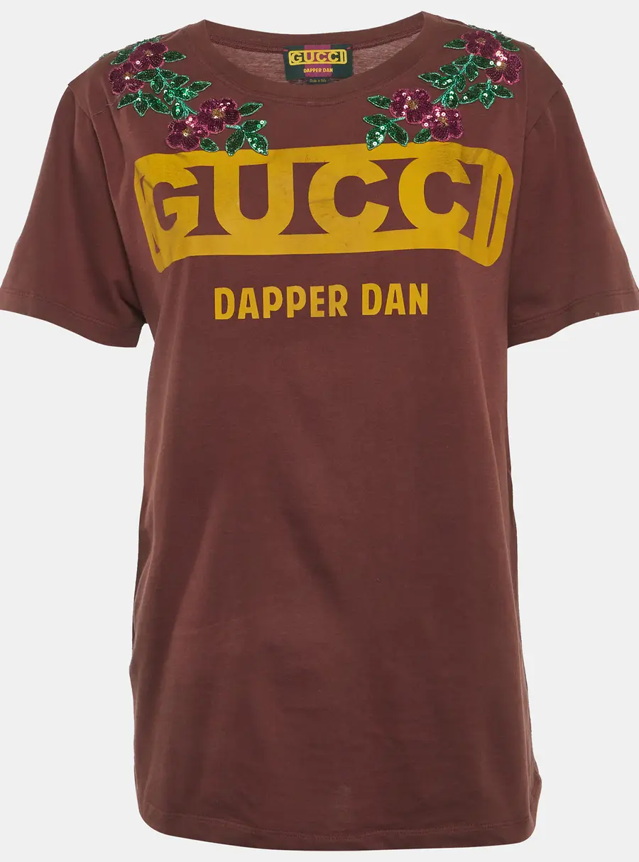 Gucci Dapper Dan Brown Logo Print Jersey Sequin T-Shirt XS