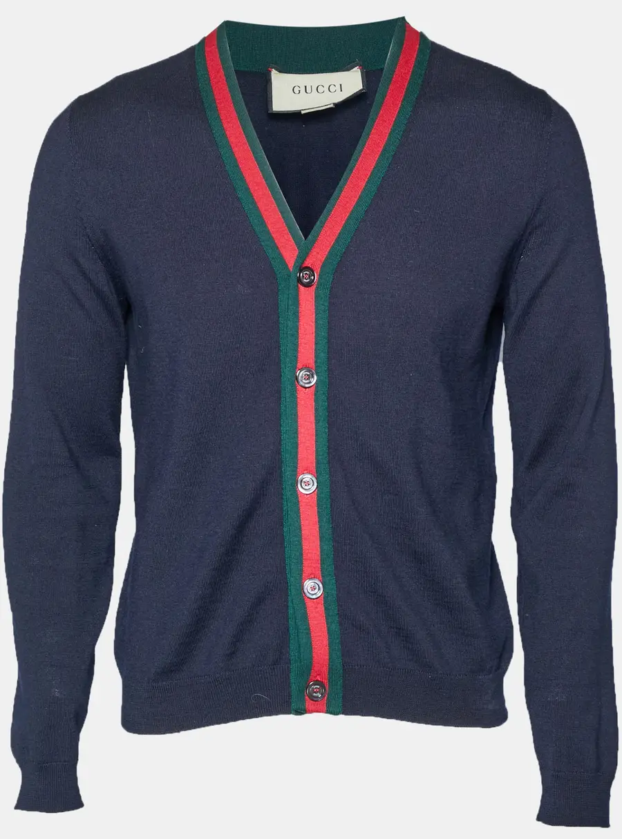 Gucci Navy Blue Web Trim Wool Knit Cardigan S