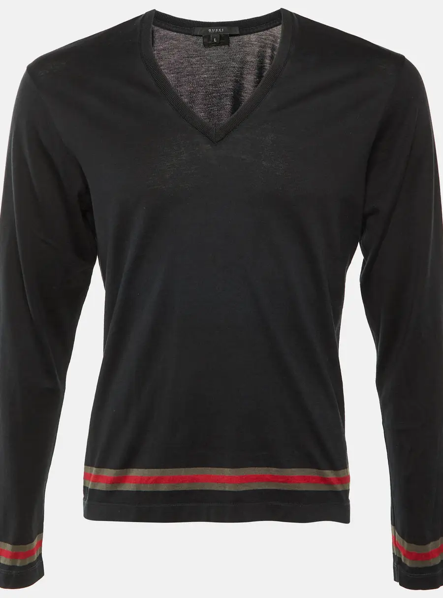 Gucci Black Cotton Web Striped V-Neck Long Sleeve T-Shirt L