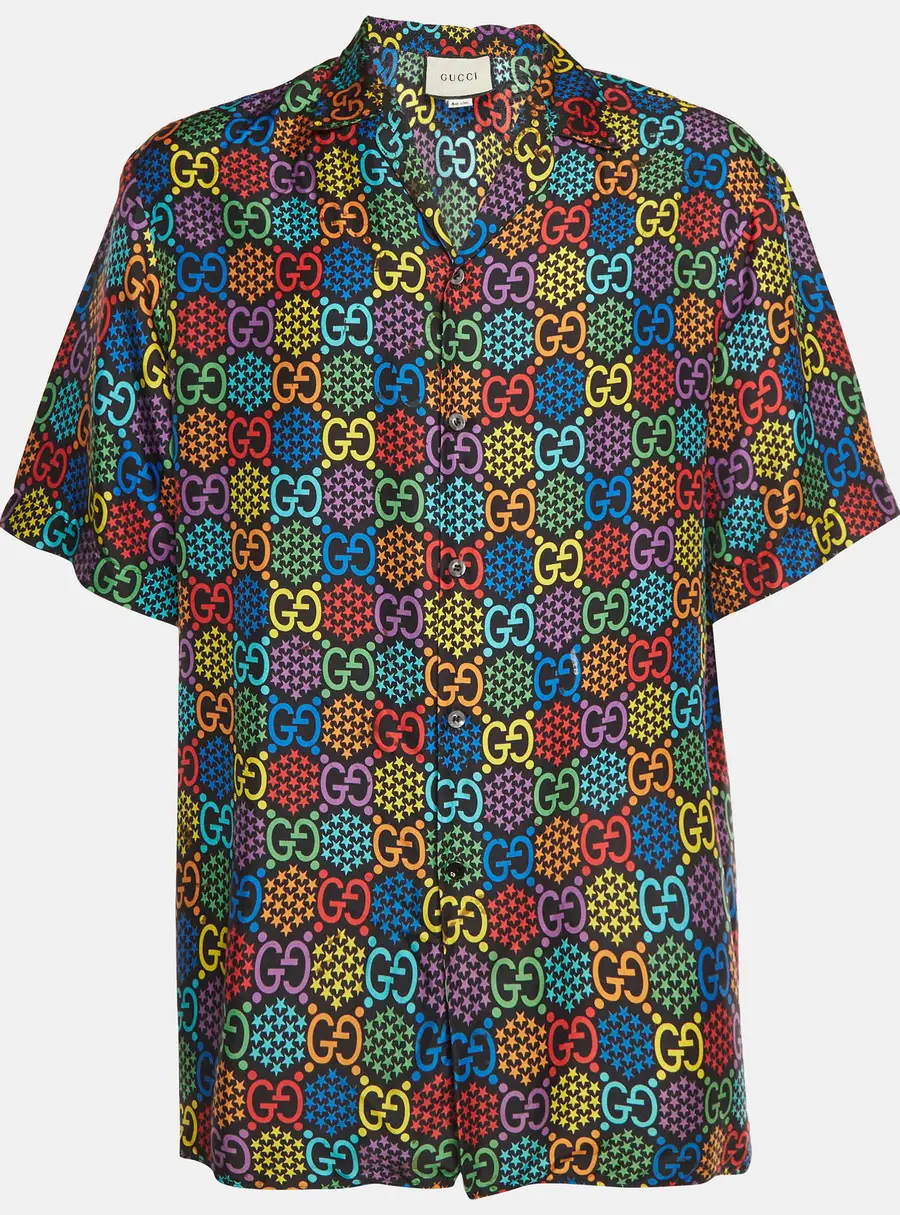 Gucci Multicolor Psychedelic Logo Print Silk Bowling Shirt L