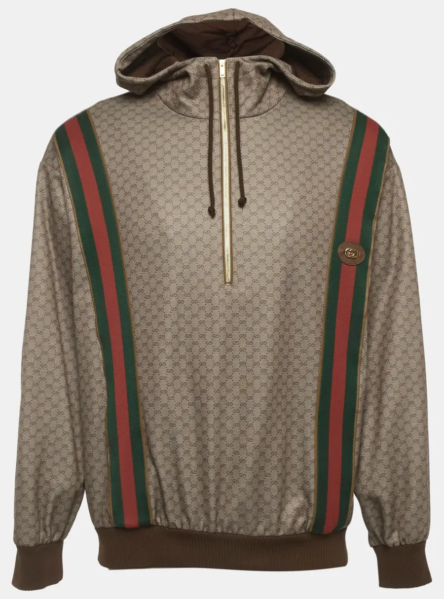 Gucci Brown Monogram Jersey Web Trim Hoodie M