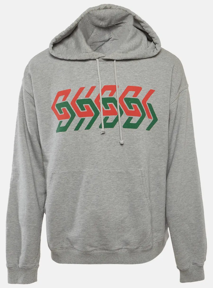 Gucci Grey Logo Print Cotton Knit Hoodie L