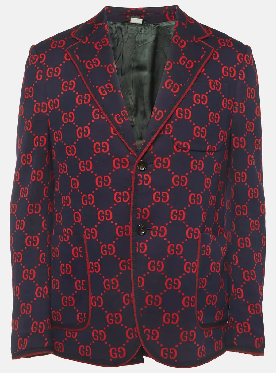 Gucci Navy Blue/Red GG Jacquard Knit Blazer L