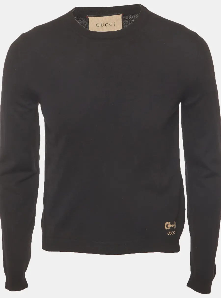 Gucci Black Logo Intarsia Wool Knit Sweater XL