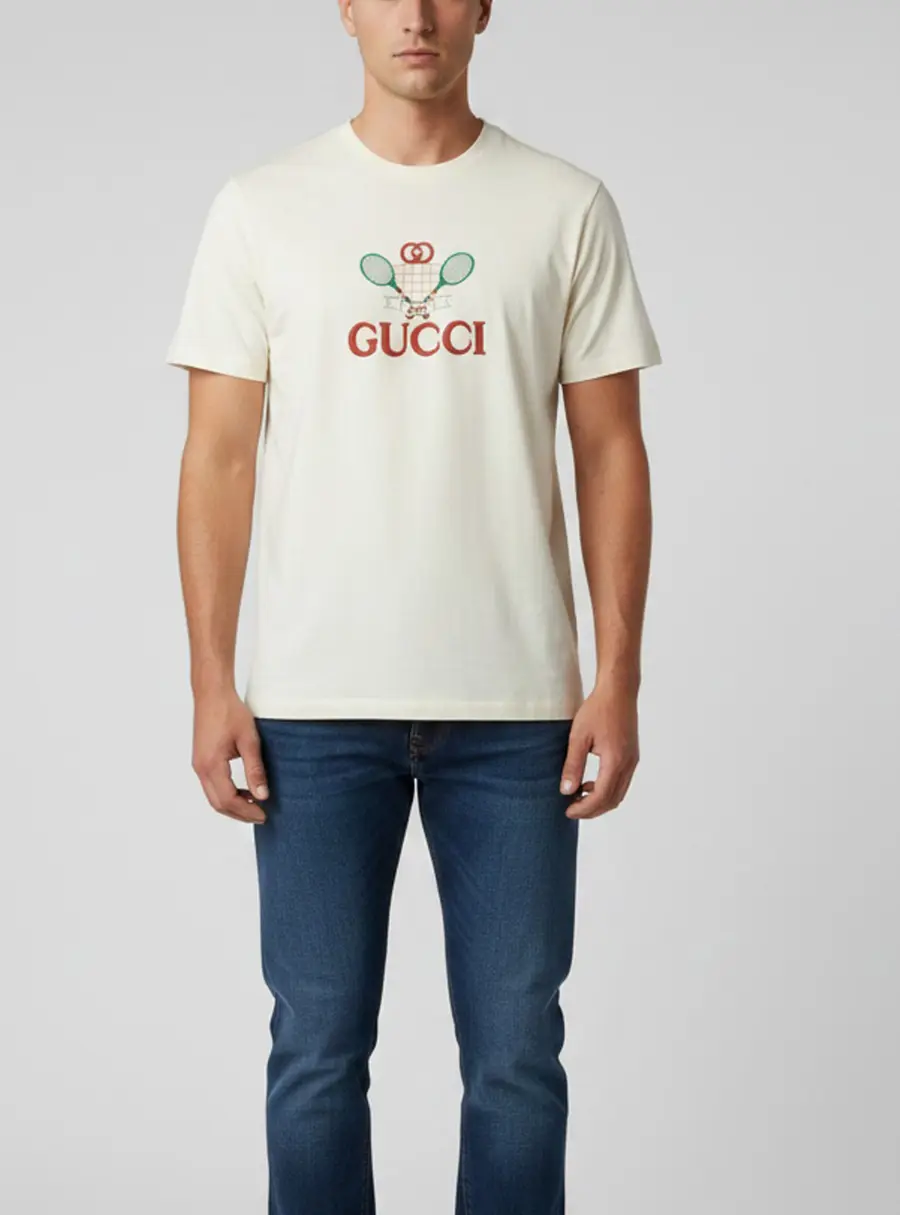 Gucci Beige Tennis Logo Embroidered Jersey T-Shirt S