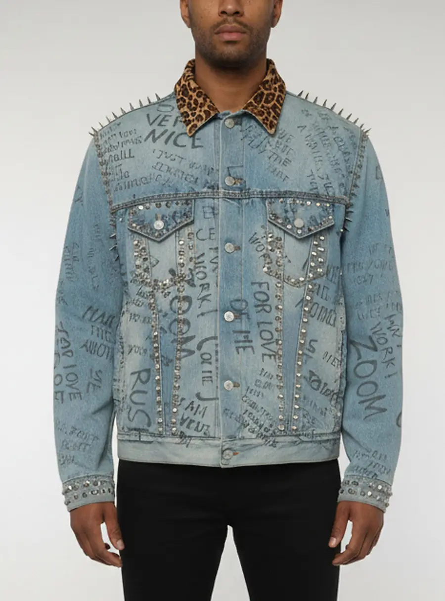 Gucci Blue Scribbled Writing Print Denim Studs Detail Jacket L