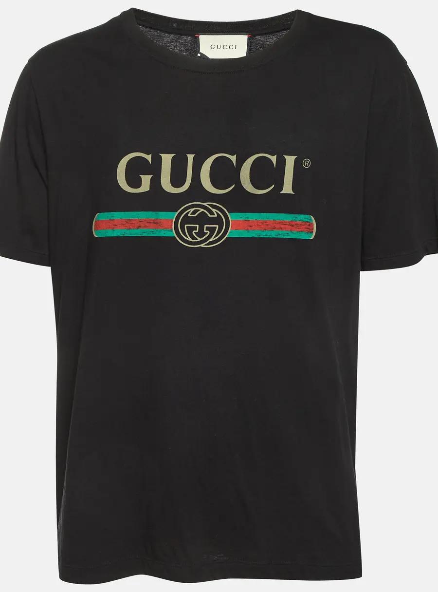 Gucci Black Logo Graphic Distressed Jersey T-Shirt XL